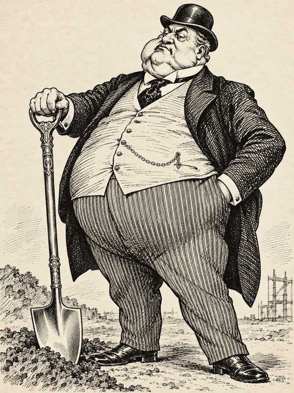 Engraved caricature of a portly gentleman in a bowler hat leaning on a ceremonial shovel